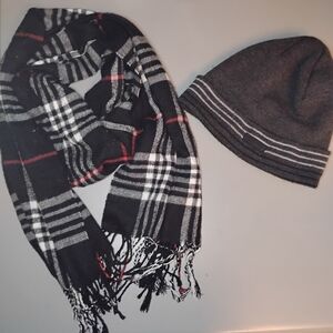 Kenneth Cole Black and Red Plaid Scarf and Beanie Set